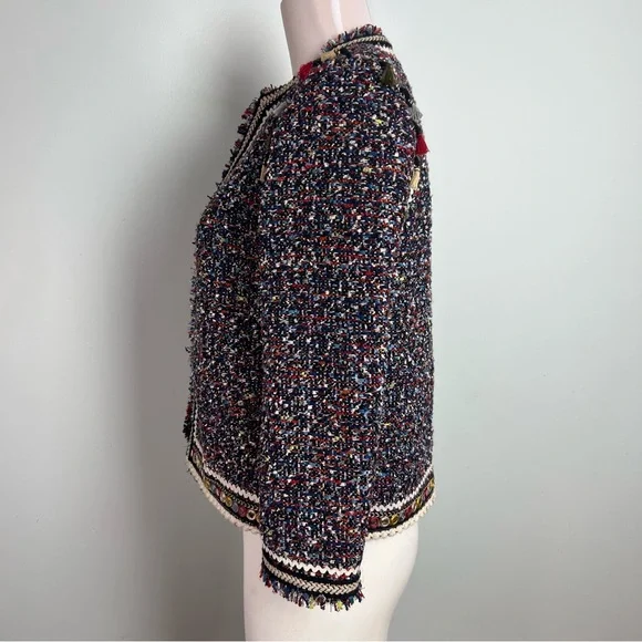 Zara Woman Tweed Blazer Jacket Small Multicolor Parisian Chic Tassel Fringe Pom - Picture 10 of 15